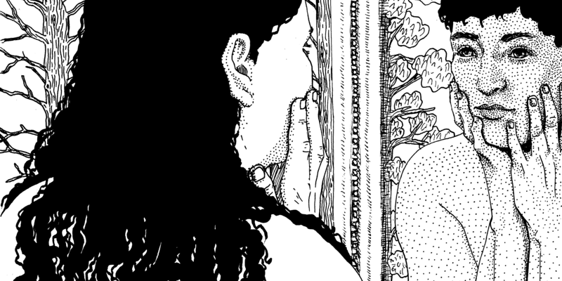 Schwarzweiß Illustration einer Person, die in den Spiegel schaut und ihr Gesicht berührt